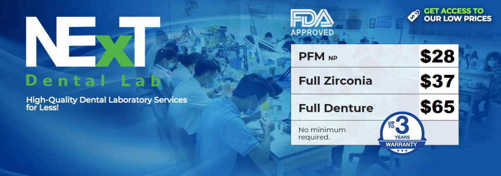 Next Dental Lab cover photo with pricing for PFM, Full Zirconia, and Full Dentures