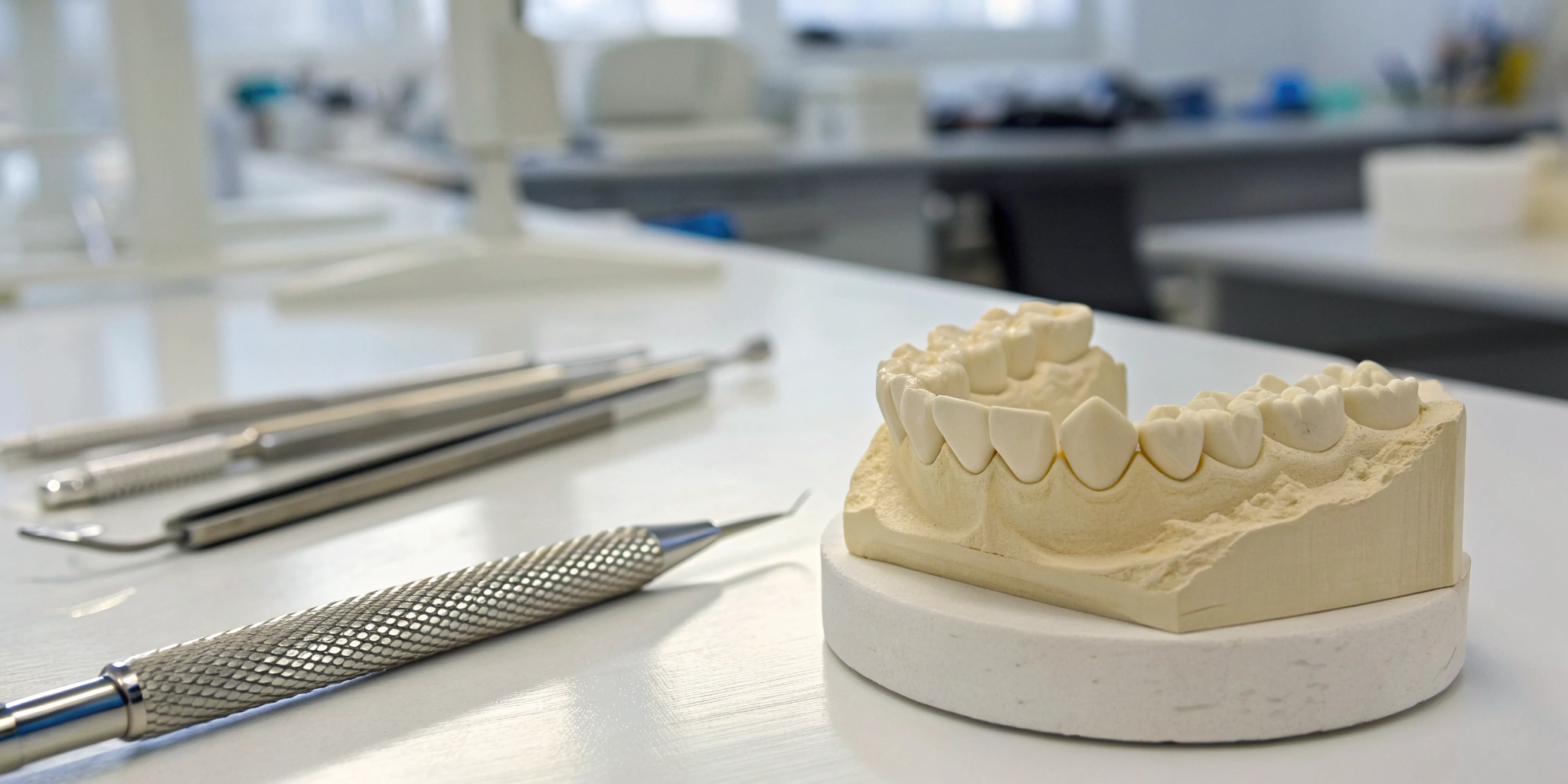 A dental model and precision tools for custom restorations at the Dental Arts Lab.