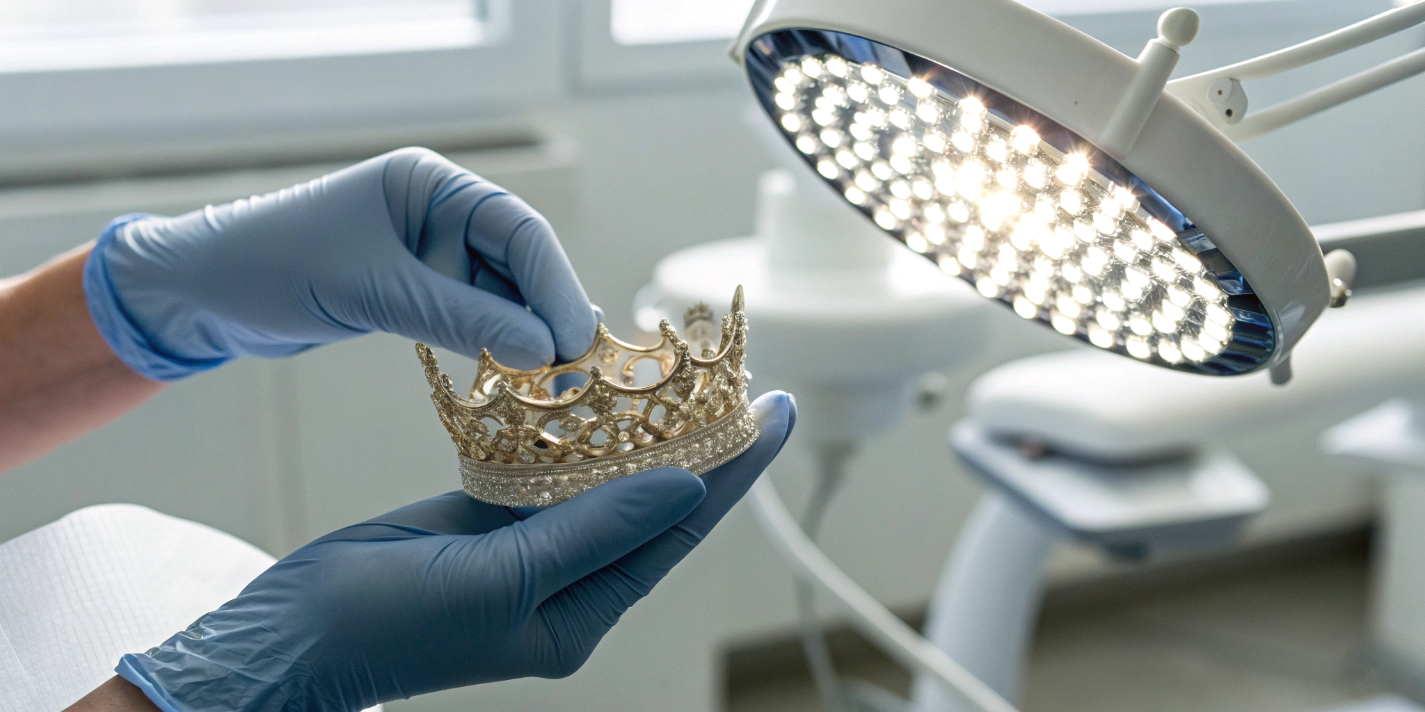 A technician inspects a dental crown at an affordable dental lab in New York.