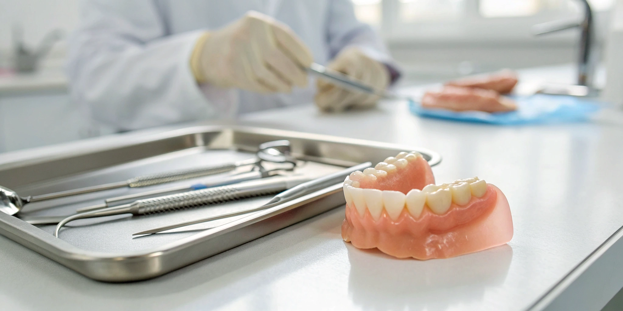 Acrylic partial denture on a work tray at an affordable dental lab.
