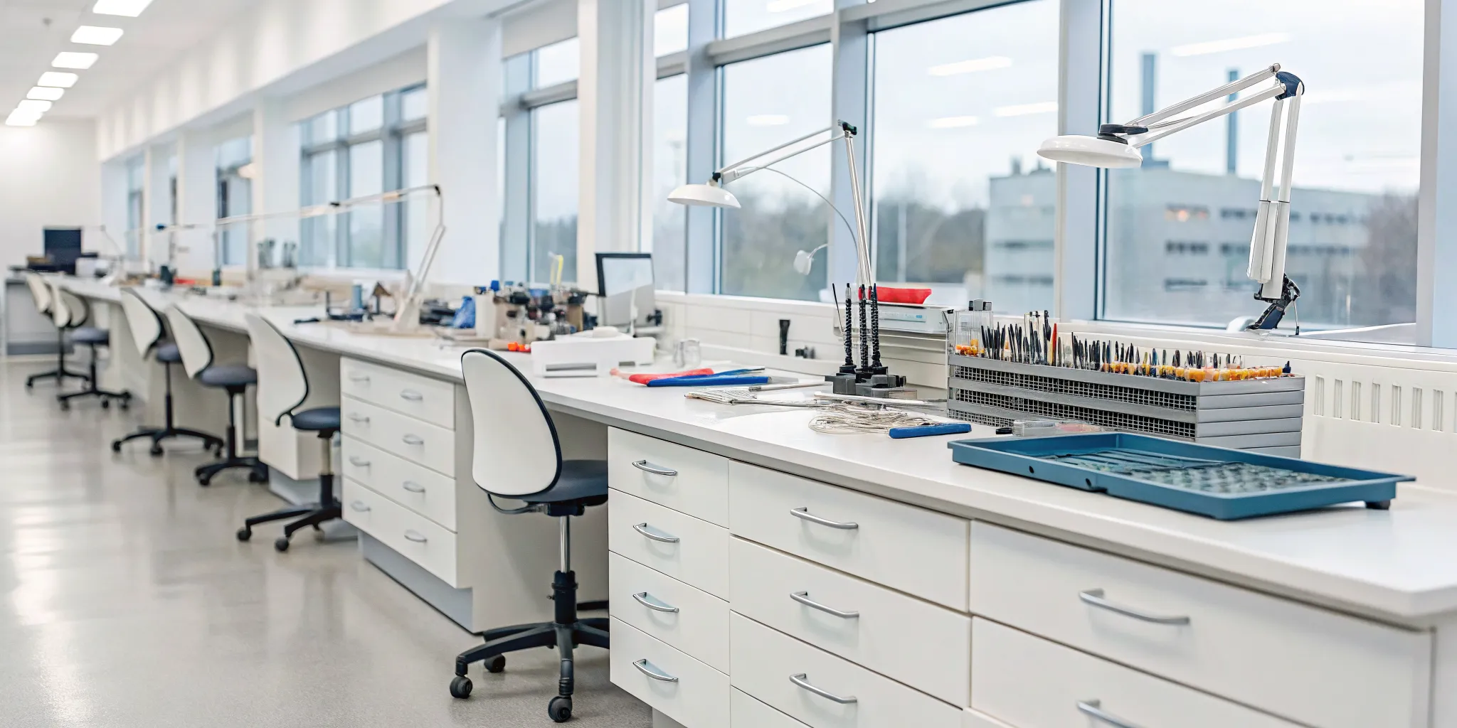 A modern custom abutment lab in Phoenix with advanced dental design workstations.