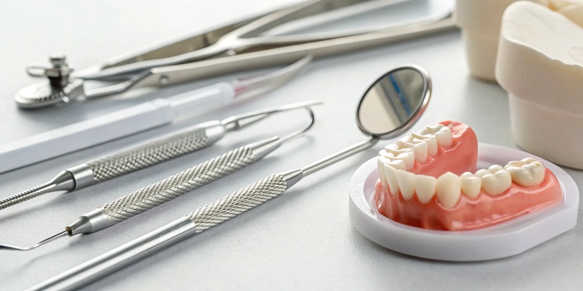 Full arch denture model and lab tools used to determine the cost of full arch dentures.