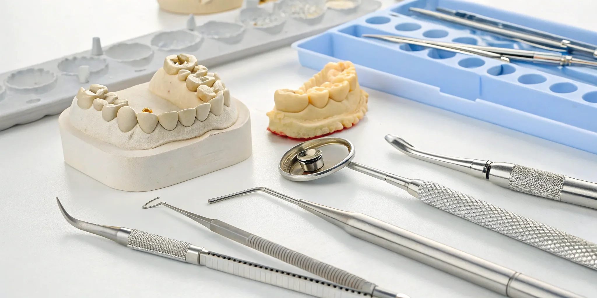 A dental lab workbench with crown and bridge models used to determine lab prices.