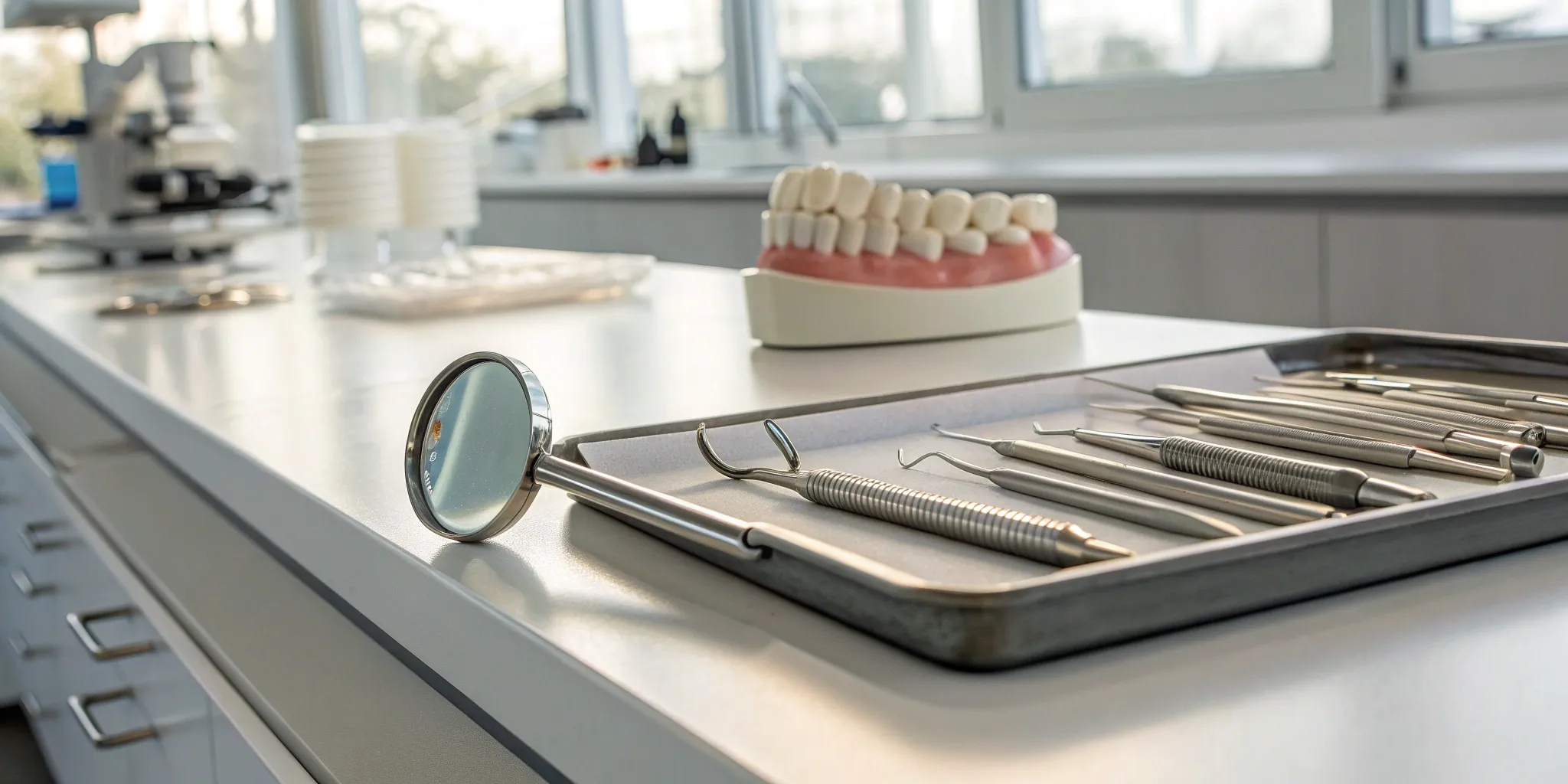 Precision tools and a model for a cast metal partial denture in a dental lab.