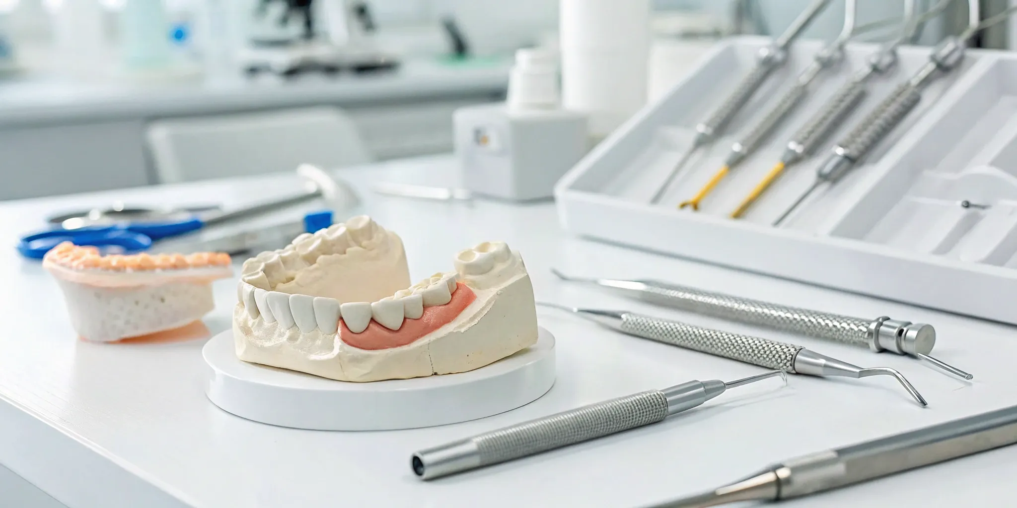 Cast metal partial denture and tools on a workbench in a Houston dental lab.