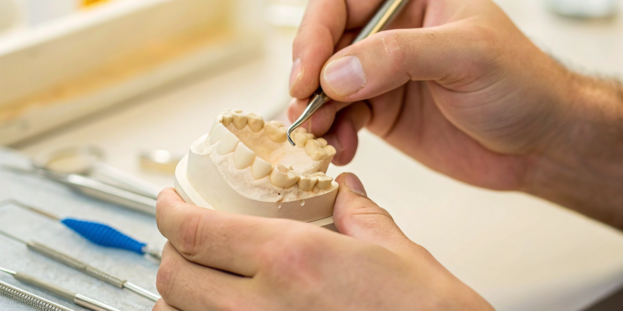 A dental lab technician precisely fitting an affordable zirconia crown.