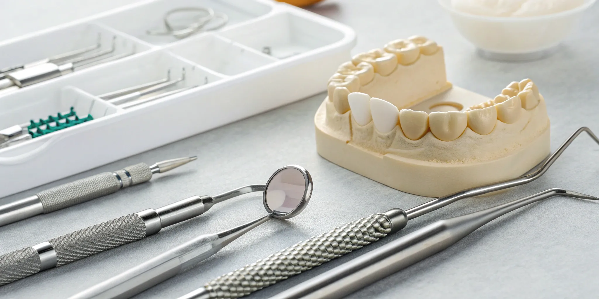 A PFM crown from a dental lab with tools that determine the final cost.