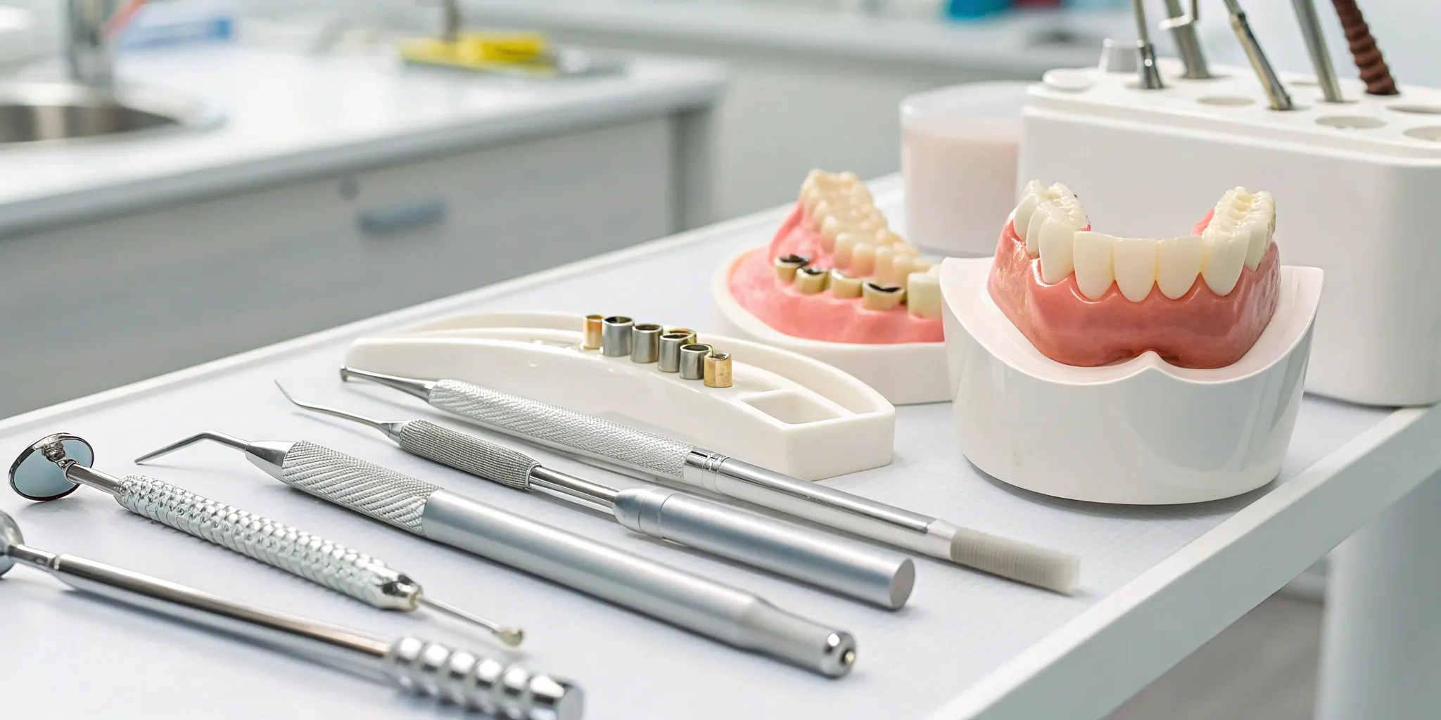 A model of a hybrid denture on a clinical tray with tools for implant placement.
