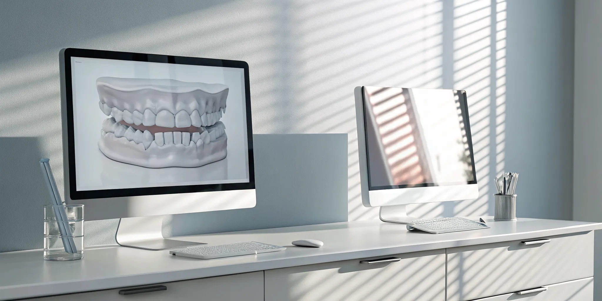 A dentist plans a treatment using a digital diagnostic wax up on a computer screen.