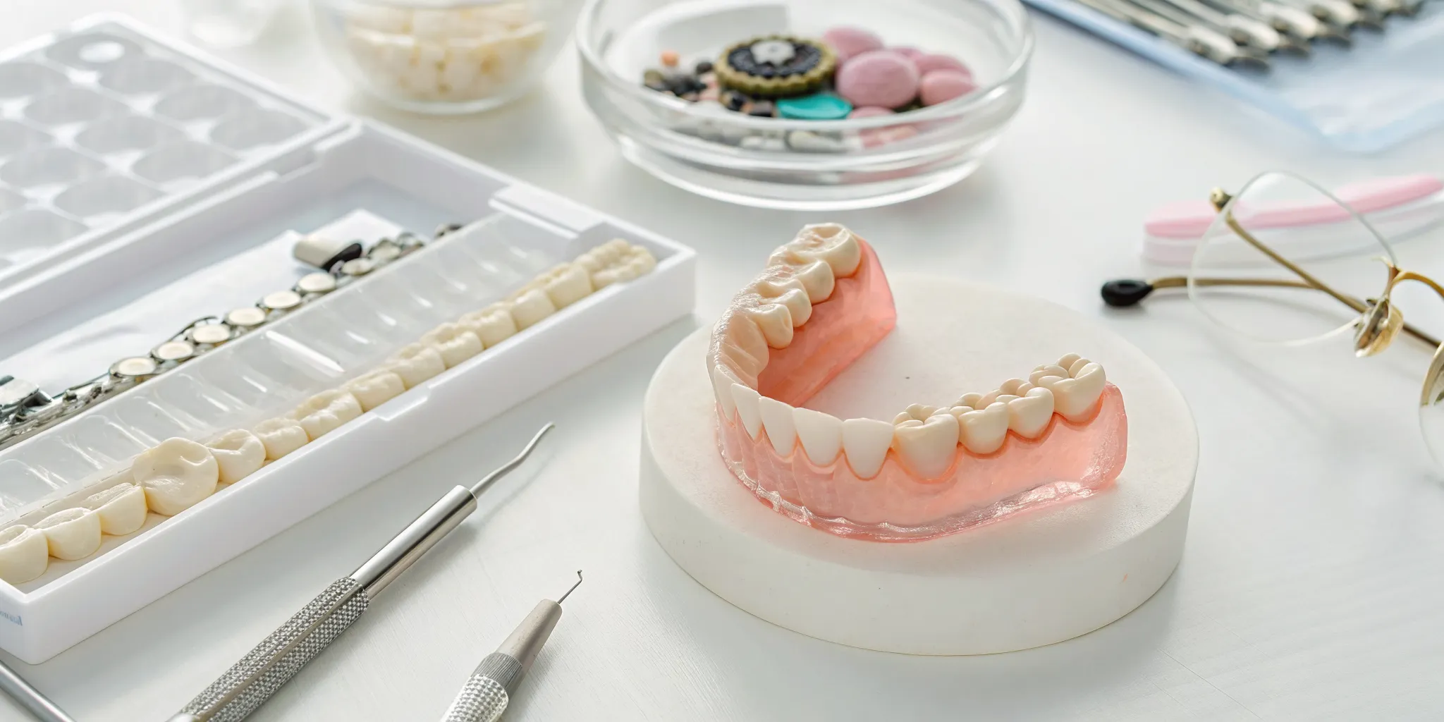 Denture materials and lab tools on a workbench, key components of denture lab fees.