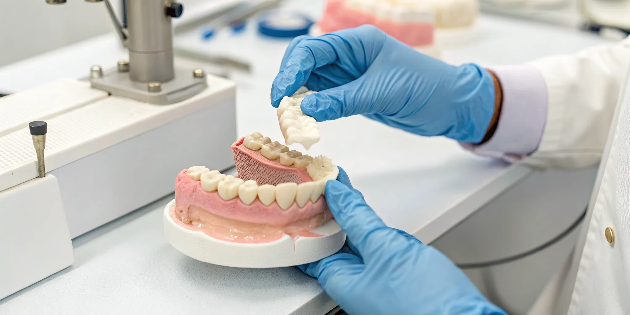 A technician using a digital hybrid denture workflow to create a precise dental model.