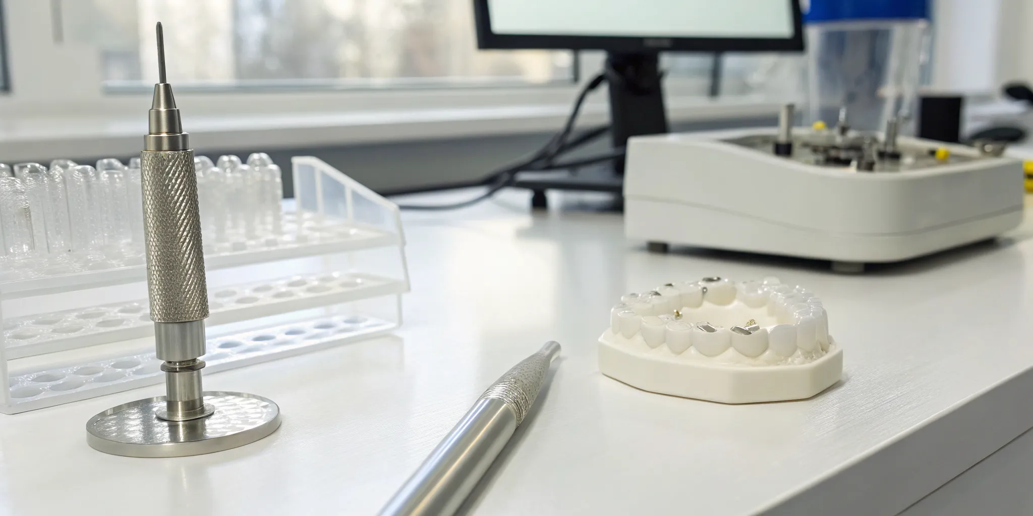 A modern digital implant lab providing restorative services with a computer and dental model.