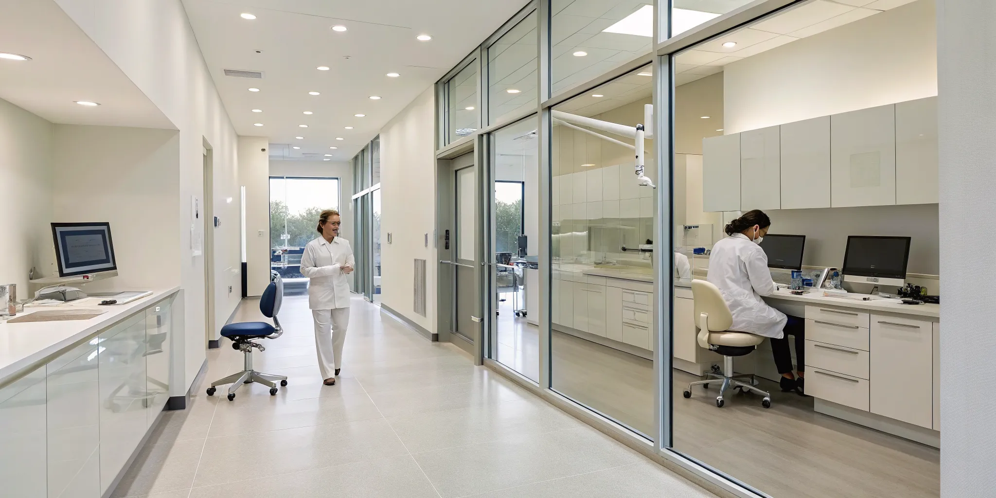 Dental lab technicians using modern equipment for full zirconia crown production.