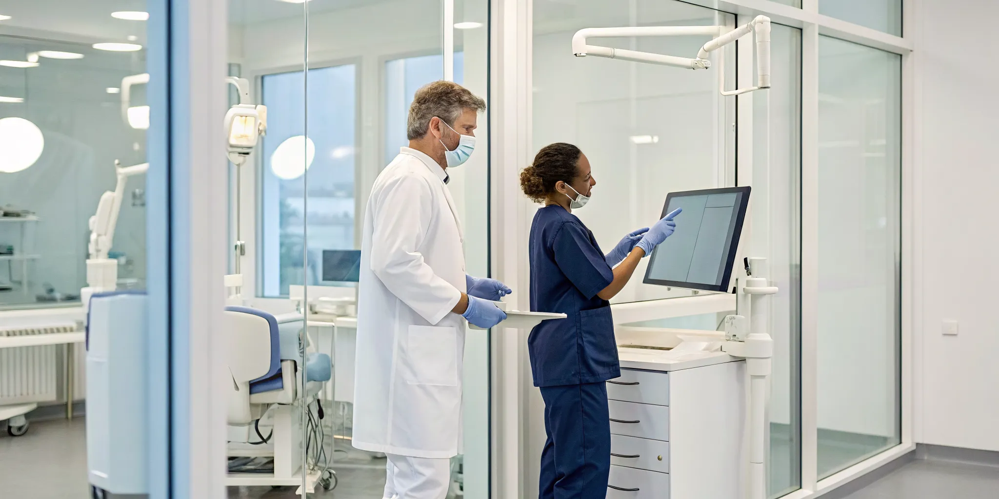 Dentists reviewing dental lab charges for crowns and dentures on a computer.