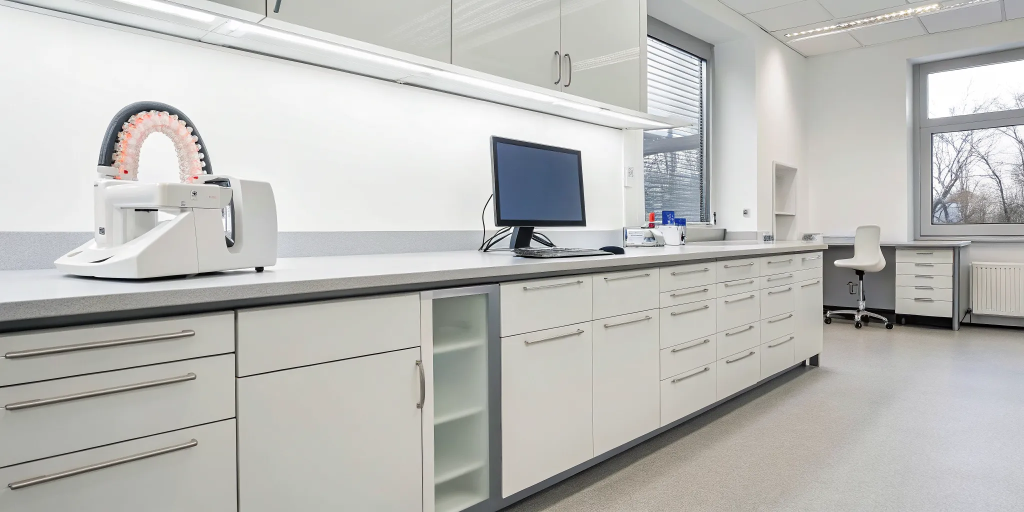 Digital cast partial denture design on a computer in a modern dental lab.
