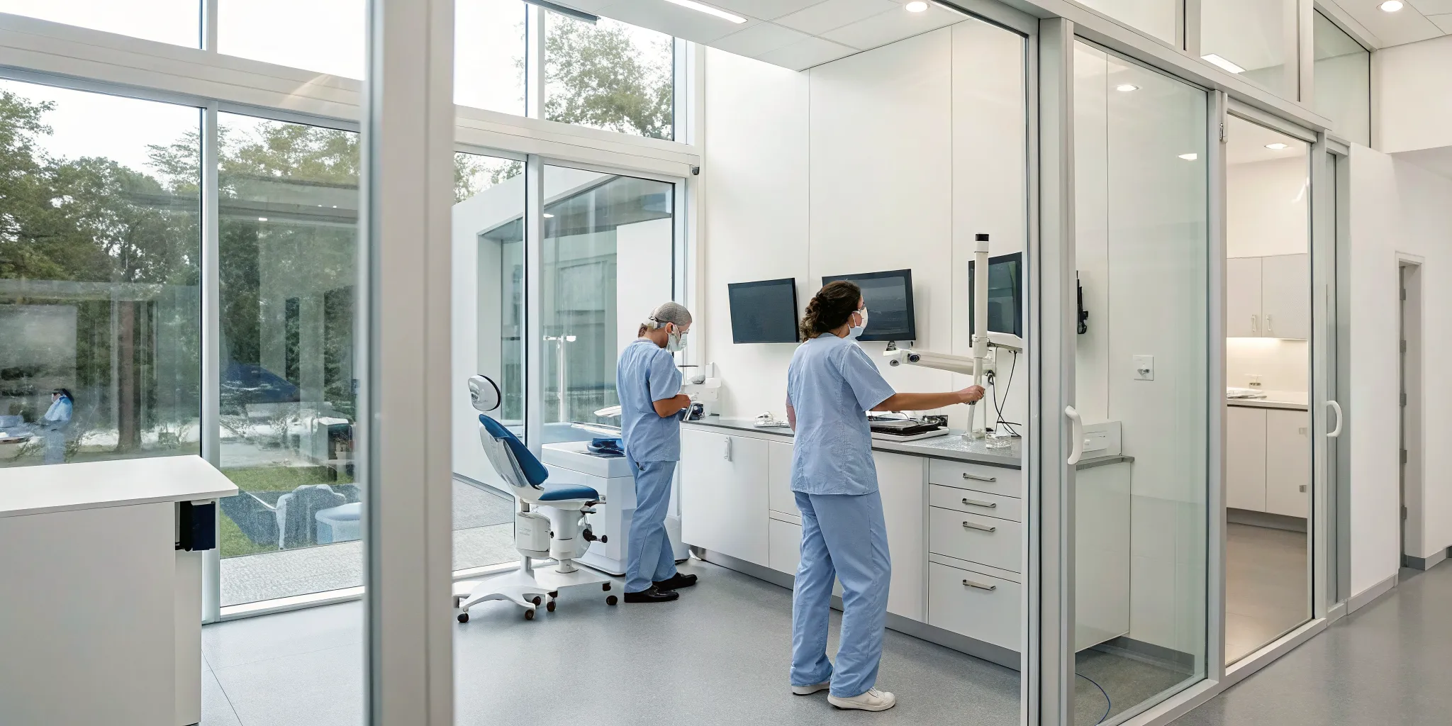 Technicians in a professional full denture laboratory using modern equipment.