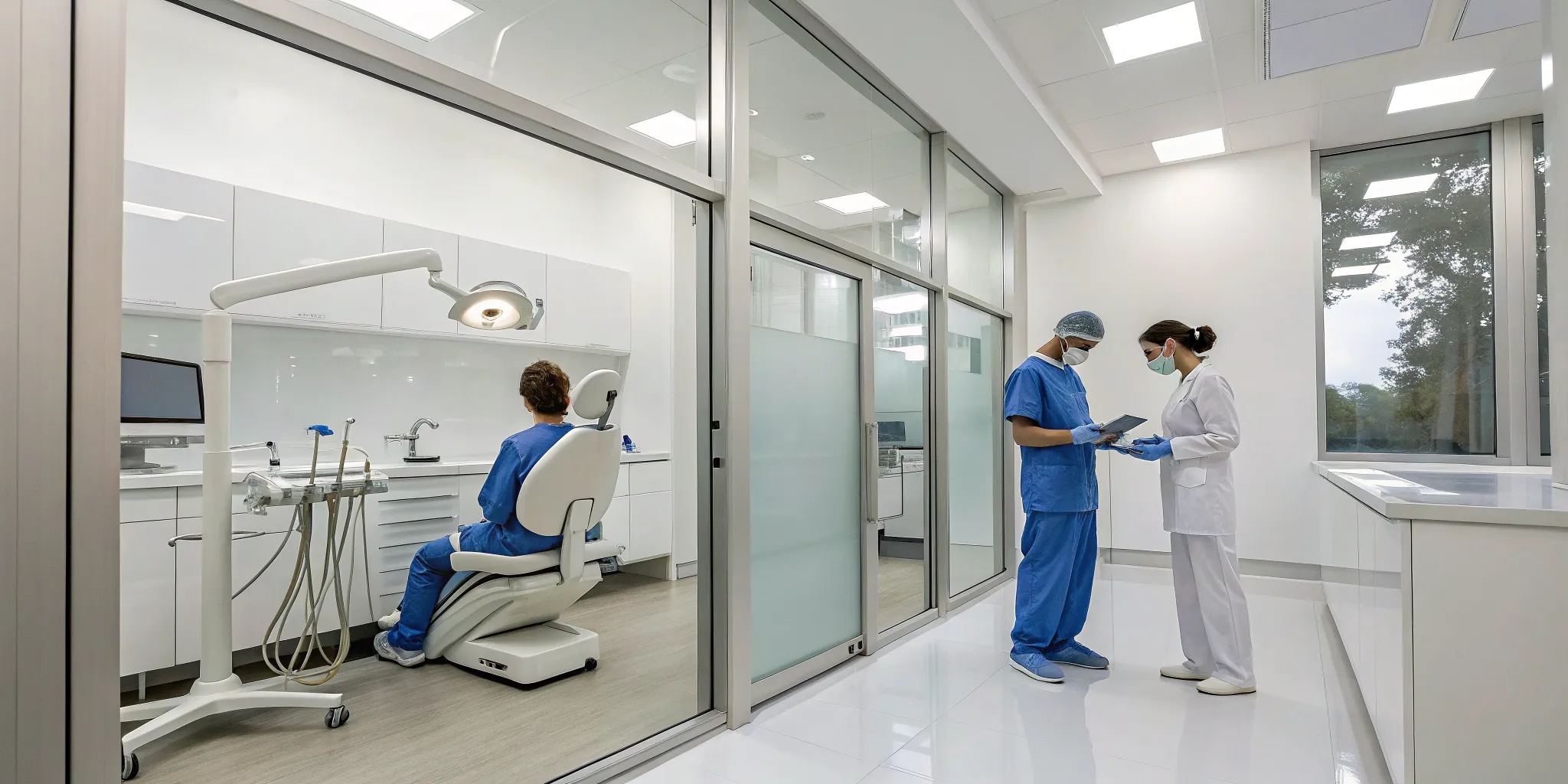 Dentists in a modern dental office discussing the lab cost of a zirconia crown with a patient.