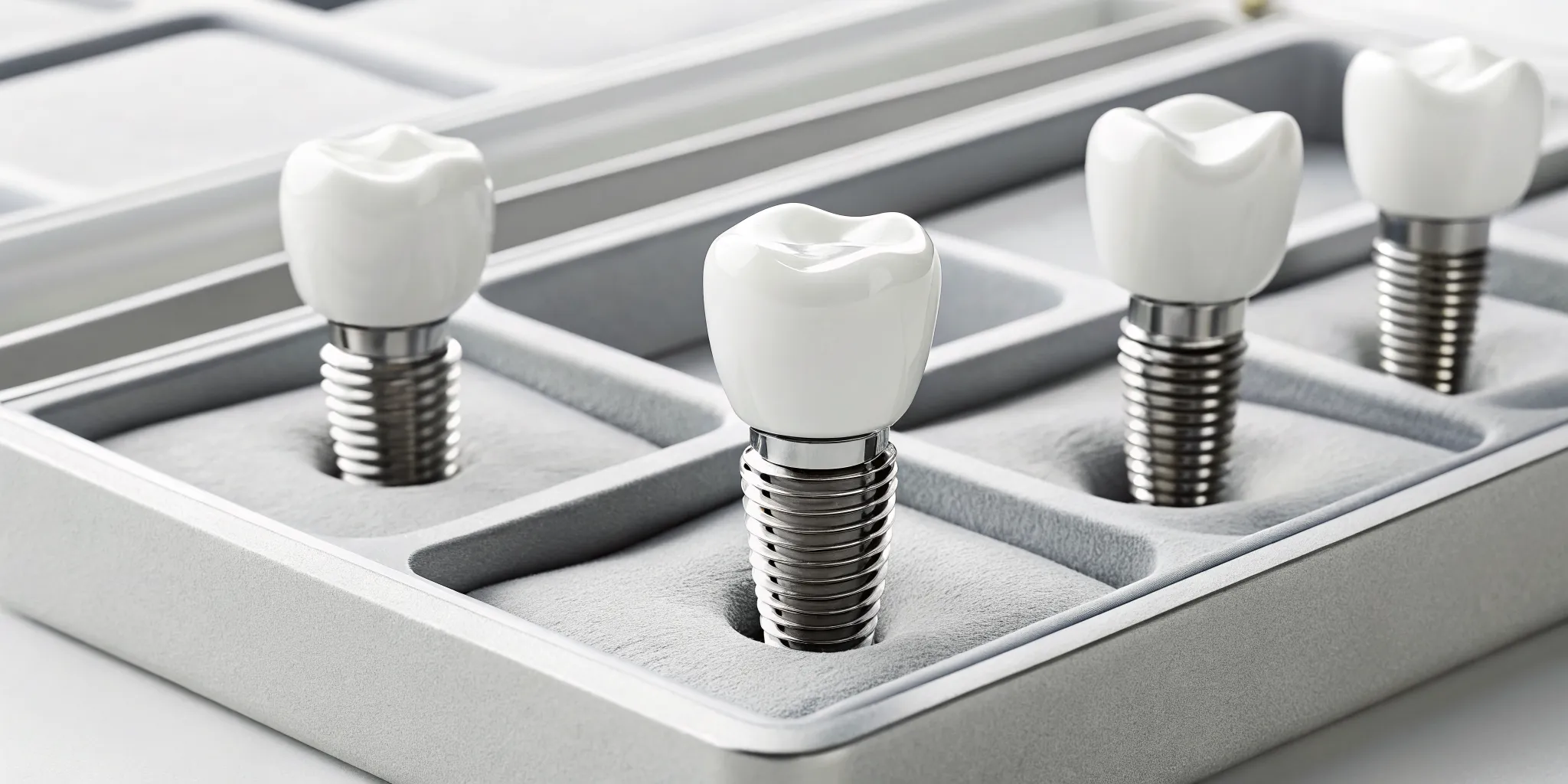 Screw-retained crown components organized in a tray for a lab procedure.