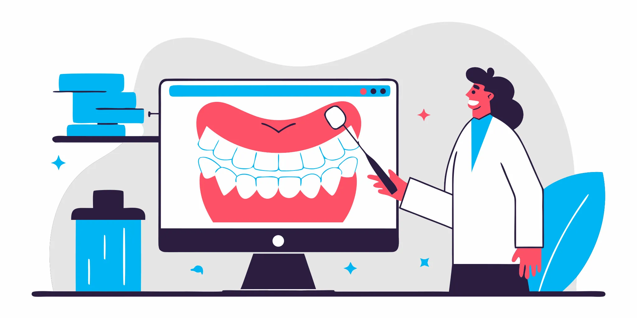 Digital scan of a full-arch hybrid denture restoration on a monitor in a modern dental laboratory
